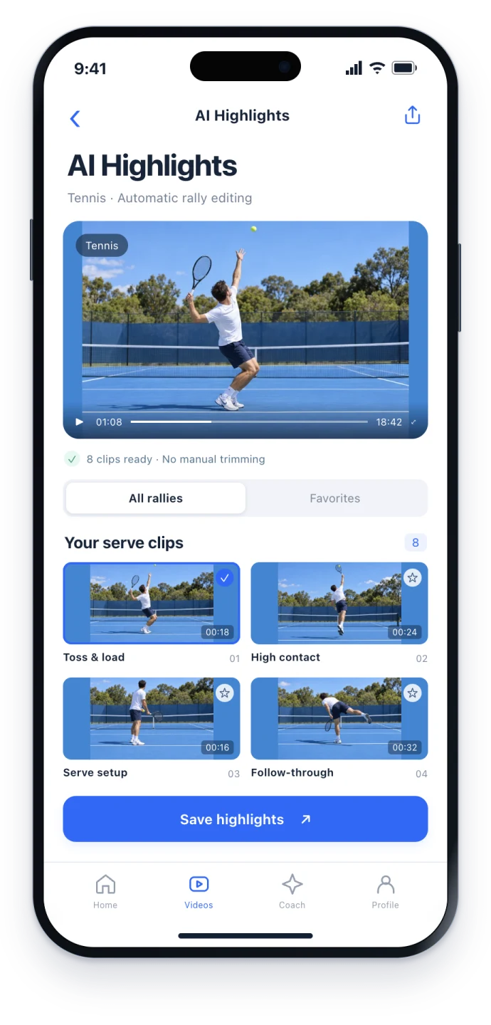 Spherely App showing automatic serve clips on a sunny blue tennis court